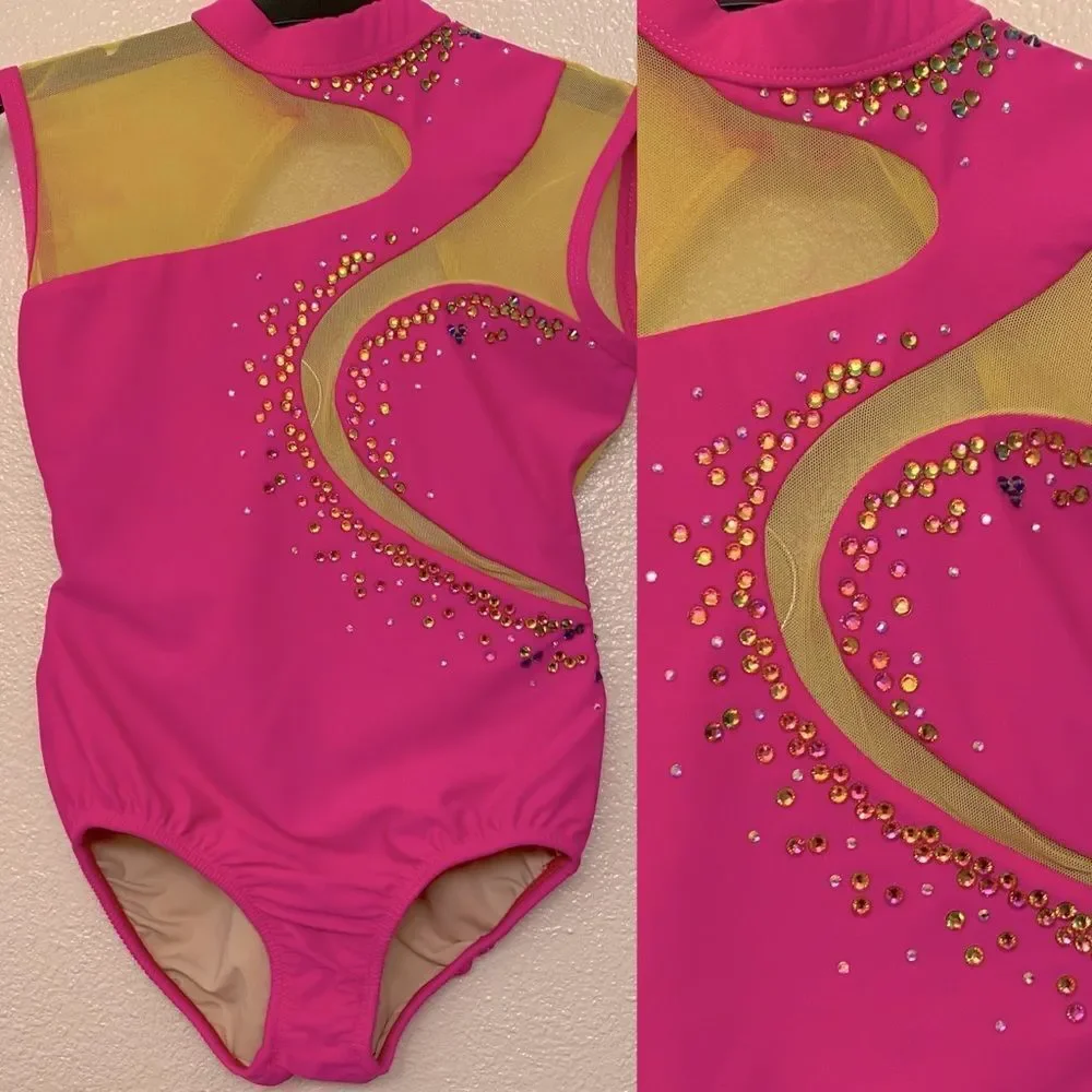 LA dance custom Solo neon pink yellow mesh cutout leotard illusion bling XSA